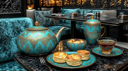 Fototapeta premium Elegant dining setup with tea and pastries in turquoise decor.