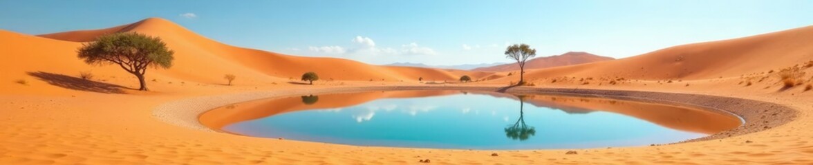 A desert watering hole with a few trees nearby, arizona landform, isolated location, sand dunes