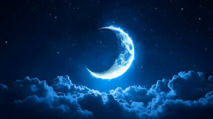 Fototapeta premium Serene crescent moon glowing above a sea of clouds at night, perfect for dreamlike, peaceful, or mystical themes