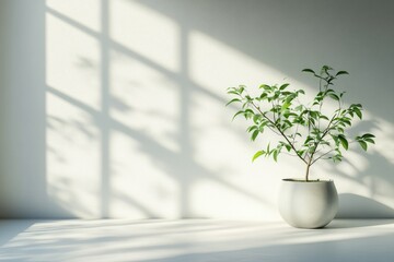 Fototapeta premium A small green plant in a light grey pot sits on a white surface against a white wall with window shadows.