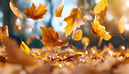 Falling autumn leaves in focus, outdoor bokeh background, can be used for seasonal greeting cards, or websites