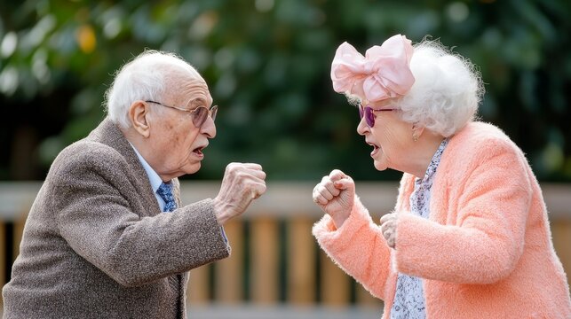 Elderly caucasian couple playfully arguing outdoors with animated gestures