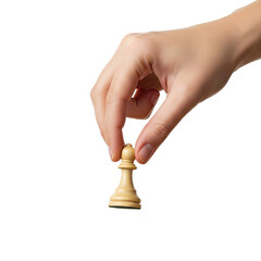 Hand holding a chess bishop piece on a transparent background.