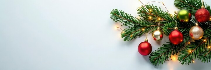 A festive fir branch arrangement filled with colorful glass balls and shimmering fairy lights on a white canvas, holiday decor, fairy lights, Christmas decoration