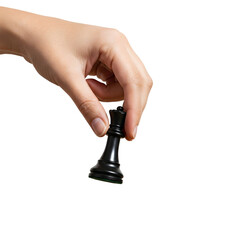 A hand delicately holds a black chess queen piece against a transparent background.