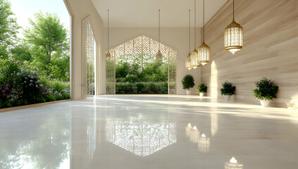 Serene indoor courtyard with ornate arches, lush greenery, and hanging lanterns; ideal for peaceful meditation or relaxation