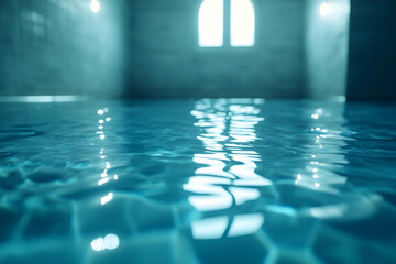 Obraz premium Serene indoor pool with arched window, tranquil water, stone walls; perfect for wellness, spa, or relaxation imagery