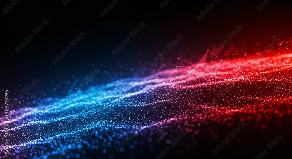 Wall mural abstract data stream landscape in cyberspace. glowing blue and red digital particle waves with conne