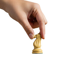  A hand delicately holds a light-colored chess knight piece against a transparent background.