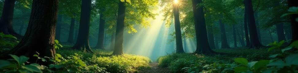 Dense forest of towering trees with a hidden rainbow glowing through the foliage, forest atmosphere, nature, leafy surroundings