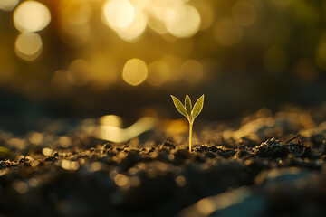 Close up of a single green seedling sprouting from soil, illuminated by golden hour sunlight with a soft bokeh background. Growth, nature, and new beginnings concept.

