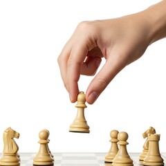 A hand moving a white bishop chess piece on a chessboard.