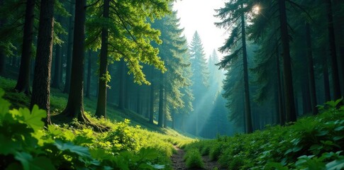 Obraz premium dense forest with towering trees looming in the distance, evergreen, foliage, nature