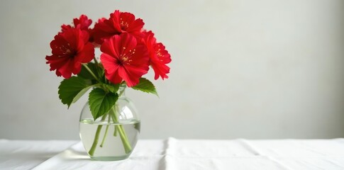 Geranium flowers in a vase on white tablecloth, flowers, vase, red