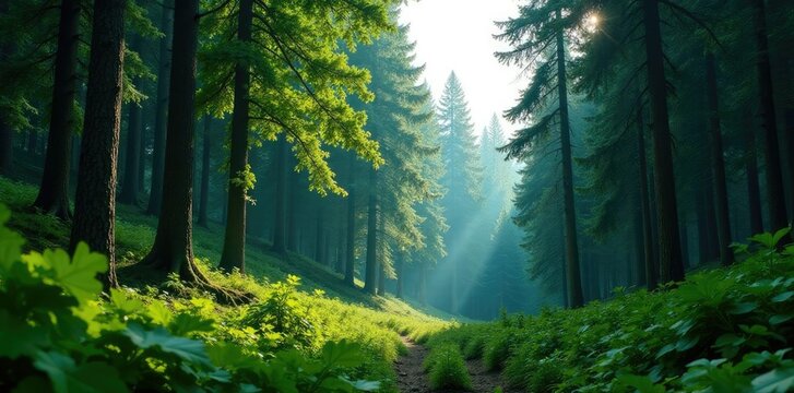 dense forest with towering trees looming in the distance, evergreen, foliage, nature