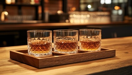 Three small glasses of amber liquor on a wooden tray at a bar.