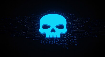 Computer hacking attack concept with blue skull icon floating above an electronic circuit board. Cyber crime, security breach.