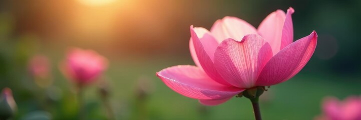 Soft pink petals unfold under gentle morning dew, peaceful scene, spring