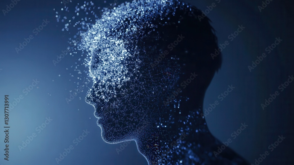 Aufkleber floating digital particles form a human silhouette in futuristic blue light representing ai driven p