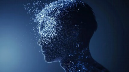 Floating digital particles form a human silhouette in futuristic blue light representing AI driven politics Generative AI