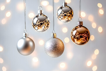 Festive silver & gold ornaments hang against a bokeh background, perfect for holiday cards or websites