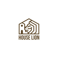 Lion head line art with house logo illustration