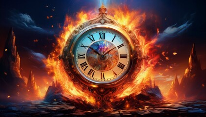 Generated image  of clock on fire, time's burning end in fiery clock image
