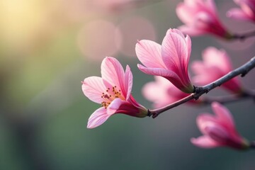 Obraz premium Soft pink petals unfurl on slender tree branches, serene, gentle