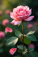 Soft pink rose petals falling from a stem in a garden, stem,