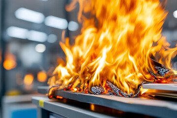 Fiery industrial blaze Documents engulfed in flames, safety hazard, emergency response