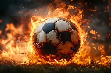 Fototapeta premium Fireball Soccer Ball Surrounded by Flames Creating an Intense Visual Impact