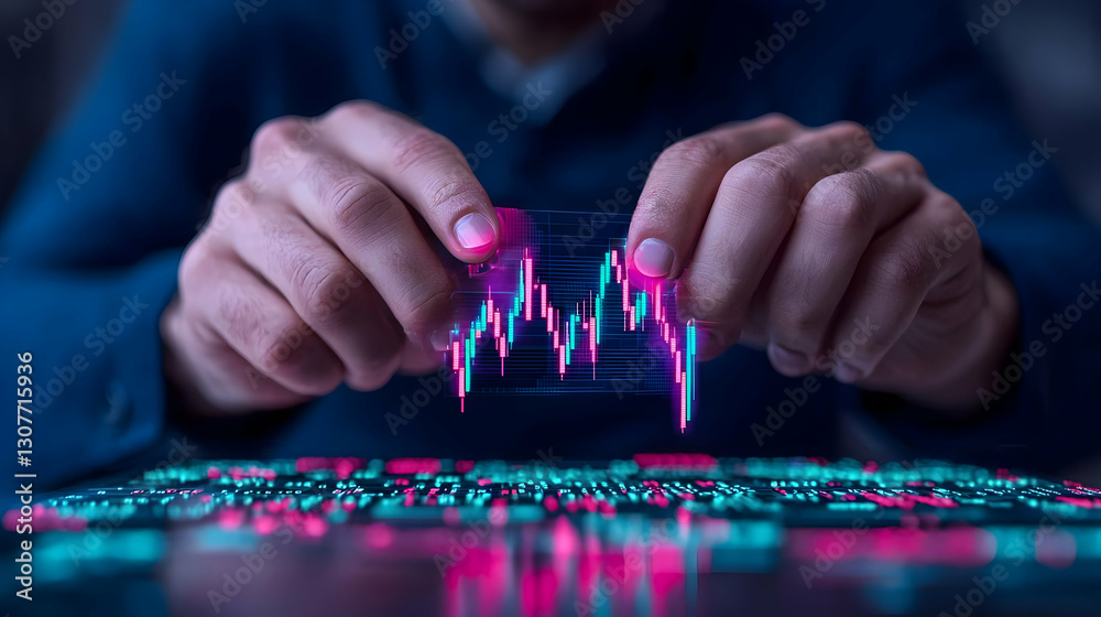 Poster hands holding transparent chart with colorful data analysis background