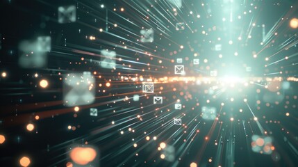 Fototapeta premium Digital communication concept with glowing email icons and light trails in a virtual network