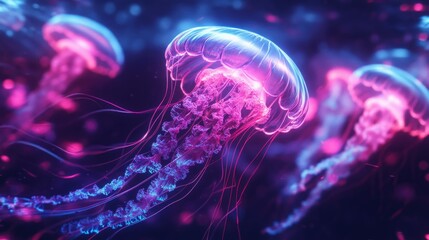 Vibrant bioluminescent jellyfish in gallant underwater display