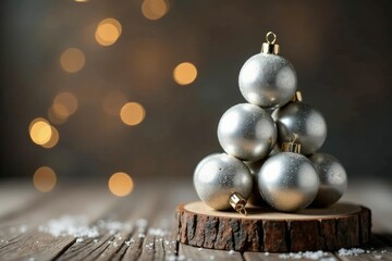 Fototapeta premium Sparkling silver ornaments stacked on a wooden base, silber kugeln aufholz, garland, holiday