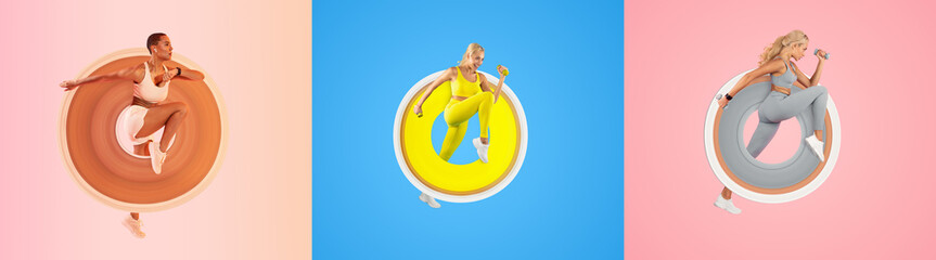 Three fit individuals are engaged in different athletic exercises against colorful backgrounds. Each person showcases their unique workout style, emphasizing a healthy lifestyle.