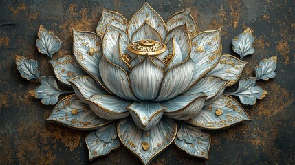 Intricate Blue Lotus Flower Sculpture, Exquisite Ornamental Design with Gold Accents, Symbolizing Elegance and Serenity, Artistic Decorative Wall Art on Textured Background