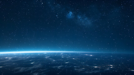 Obraz premium blue background of starry night sky and horizon of planet earth