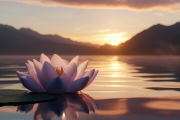 Serene pink water lily floats on calm lake at sunset, mountains in background.
