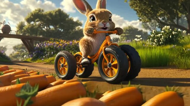 Cute cartoon rabbit riding a tricycle among carrots in a spring garden.  Possible use children's book illustration, Easter card design, or animal-themed product advertisement.