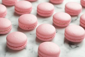 Obraz premium A delightful arrangement of pink macarons on a marble surface.