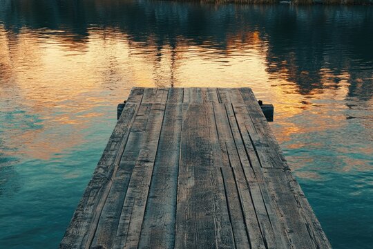 A weathered wooden dock extends over calm water reflecting a sunset's warm hues.
