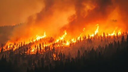 A dramatic scene of a forest fire engulfing trees, with flames and smoke rising against a fiery orange sky.