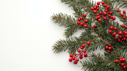 Christmas composition flatlay. Spruce branches, red berries on white background with space for text