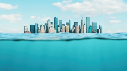 Fototapeta premium A futuristic city skyline partially submerged in clear blue water, with skyscrapers rising above the surface under a bright sky.