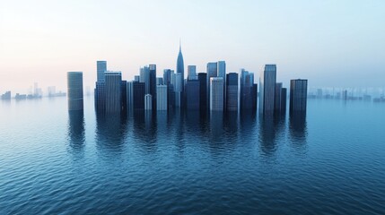 Fototapeta premium A futuristic skyline emerges from serene waters, showcasing modern architecture against a soft, tranquil backdrop.