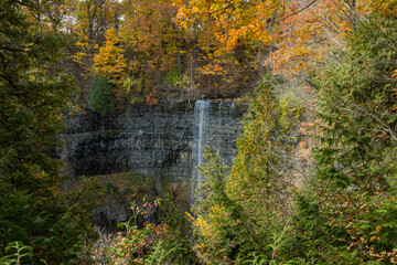 View of the Tews Falls, tallest waterfall in Hamilton, Ontario Canada, in Autumn. The water flow is...