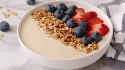 Healthy smoothie bowl topped with granola and fresh berries.
