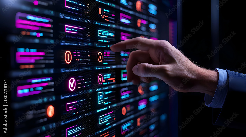 Poster hand interacting with futuristic user interface showing data visualizations