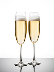 Elegant champagne glasses filled with bubbly drink isolated on white background ideal for celebrations and special occasions.